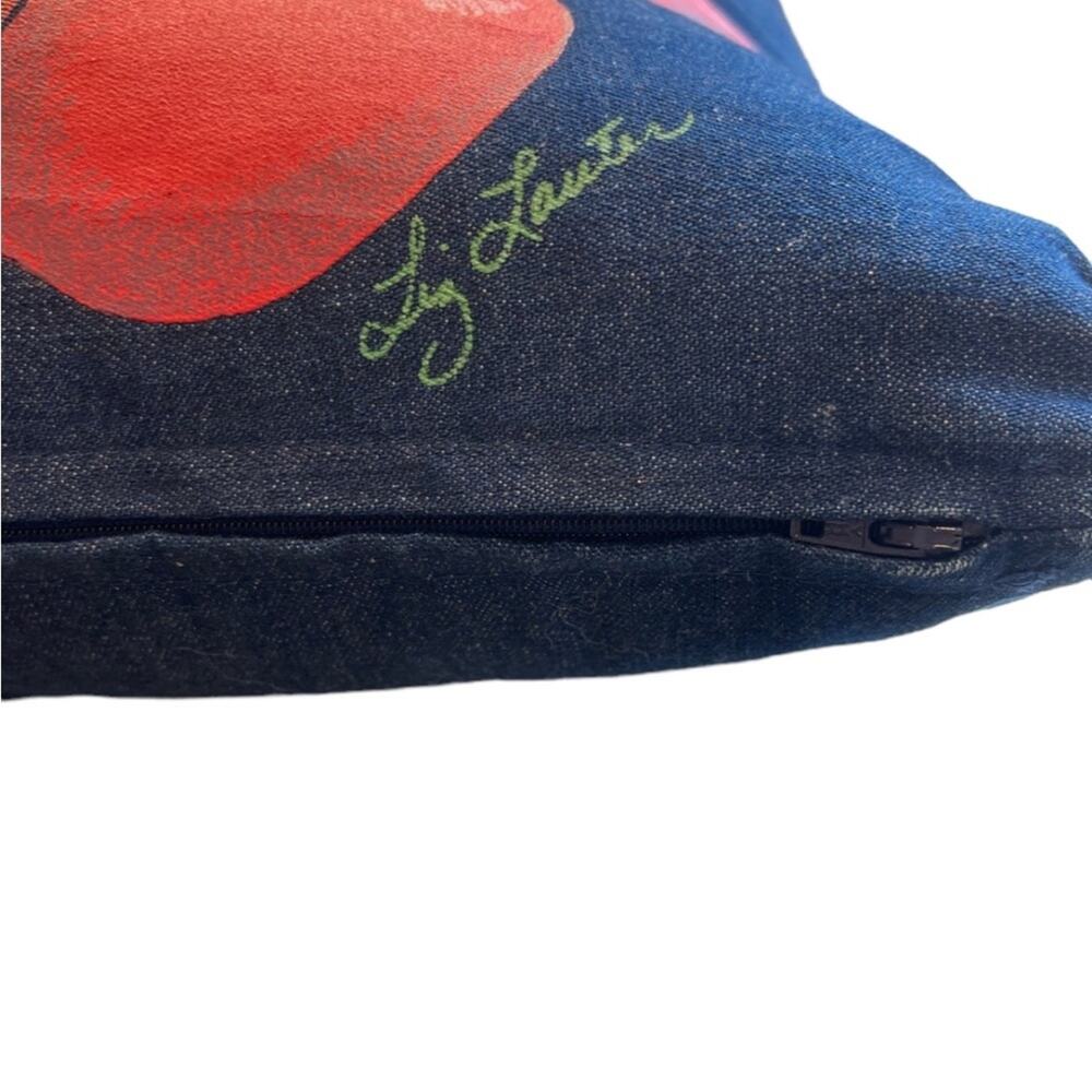 Decorative Handpainted Square Denim Blue Red Apple Pillow by Artist Liz Lauter - Picture 4 of 8